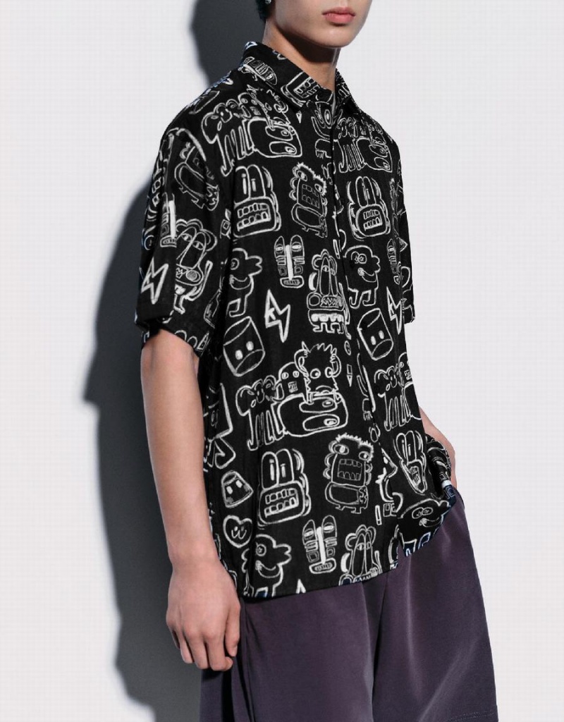 Urban Revivo Graffiti Printed Oversized Men's Shirts Black | VLV211IN