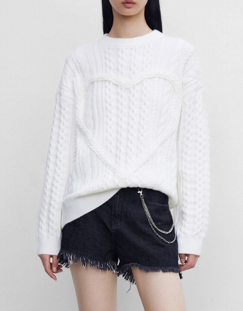 Urban Revivo Heart Cable Knit Women's Sweaters White | MBL8546HP