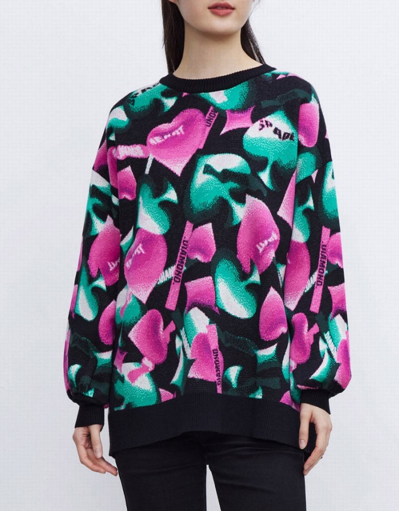 Urban Revivo Heart Pattern Oversized Women's Sweaters Pink Green Black | PSC6617EK