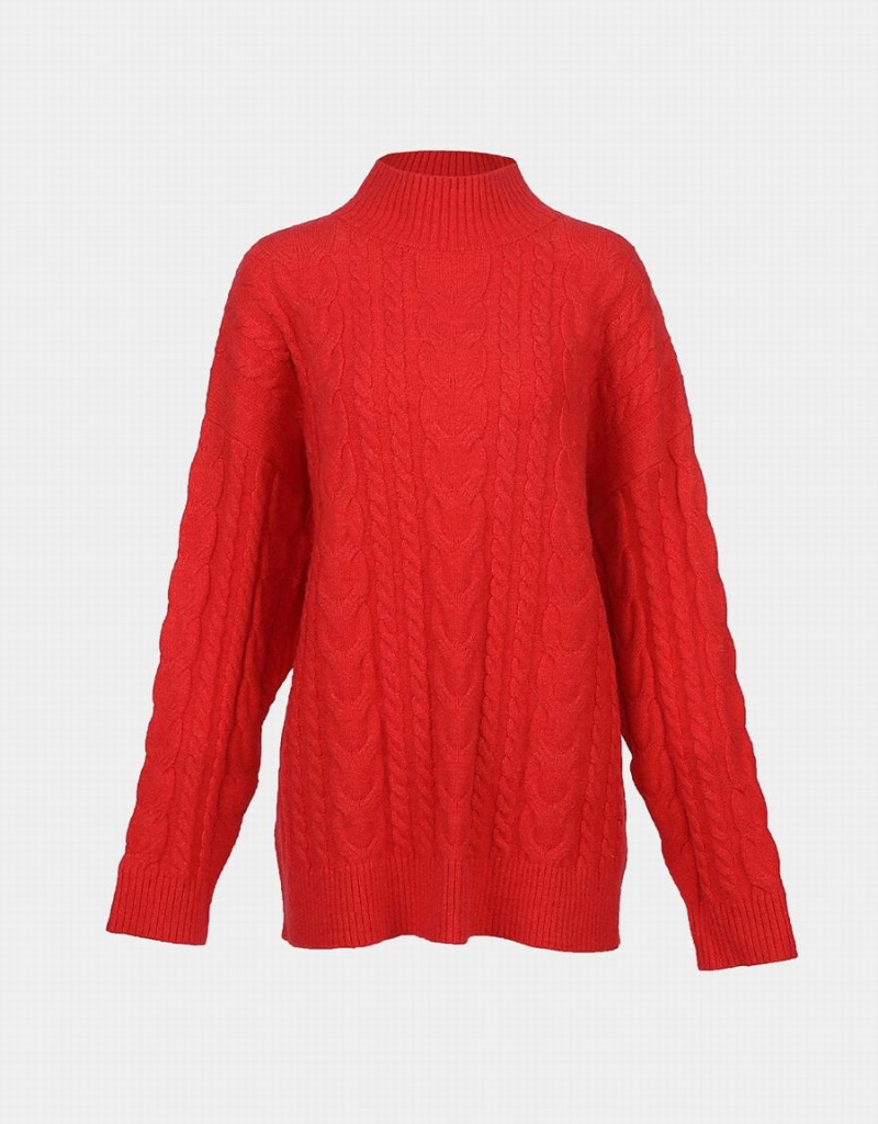 Urban Revivo High Neck Cable Knit Holiday Women\'s Sweaters Red | IYU4062XF