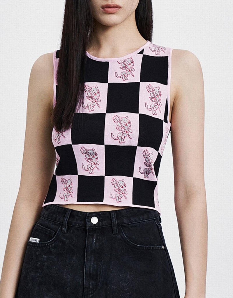 Urban Revivo Hot Stuff Checkered Knitted Women's Tank Top Pink | PBO1716FL