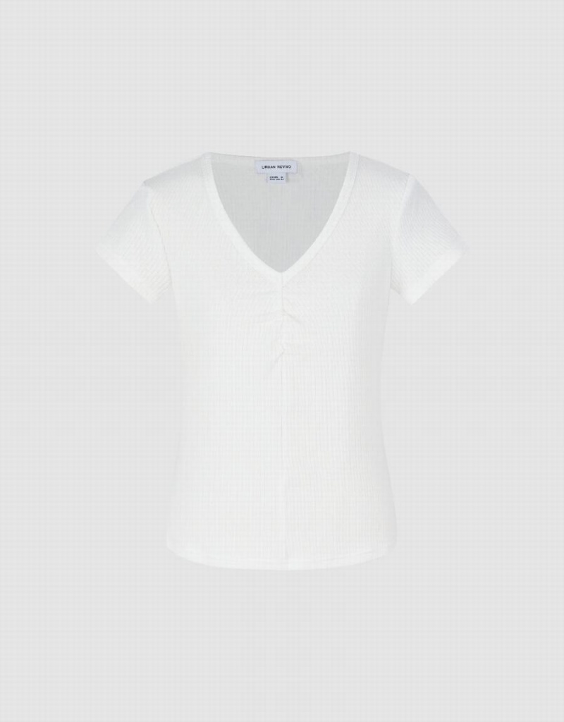 Urban Revivo Knitted V-Neck Skinny Women's T Shirts White | RWP3327KA