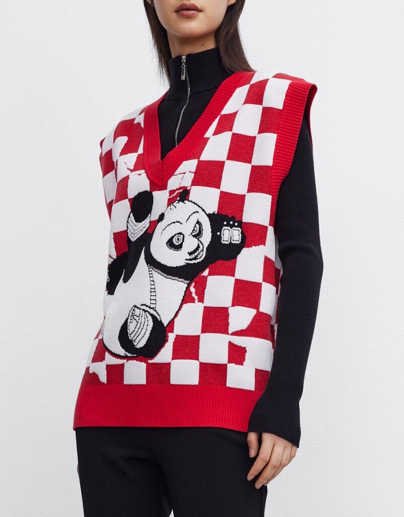 Urban Revivo Kung Fu Panda Checkered Women's Tank Top Red | FNK426IE