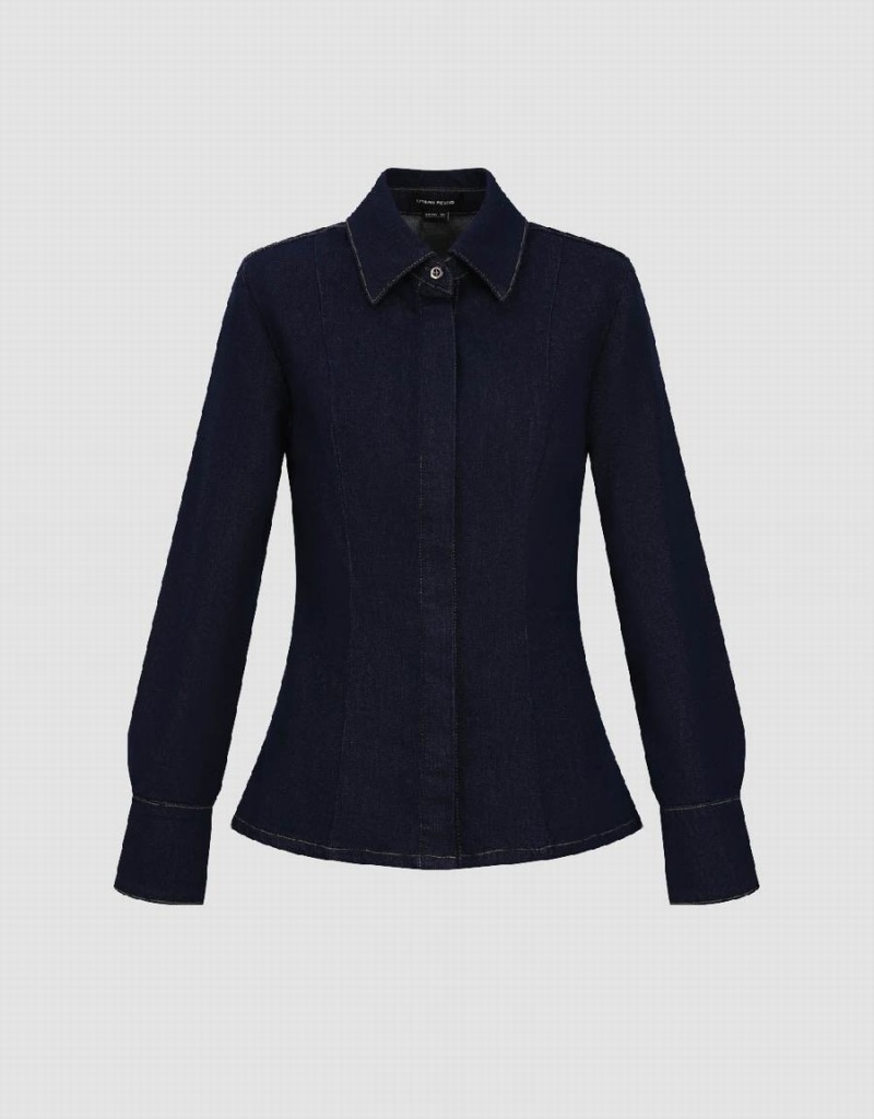 Urban Revivo Lapel Denim Women's Shirts Blue | YXY5619BB