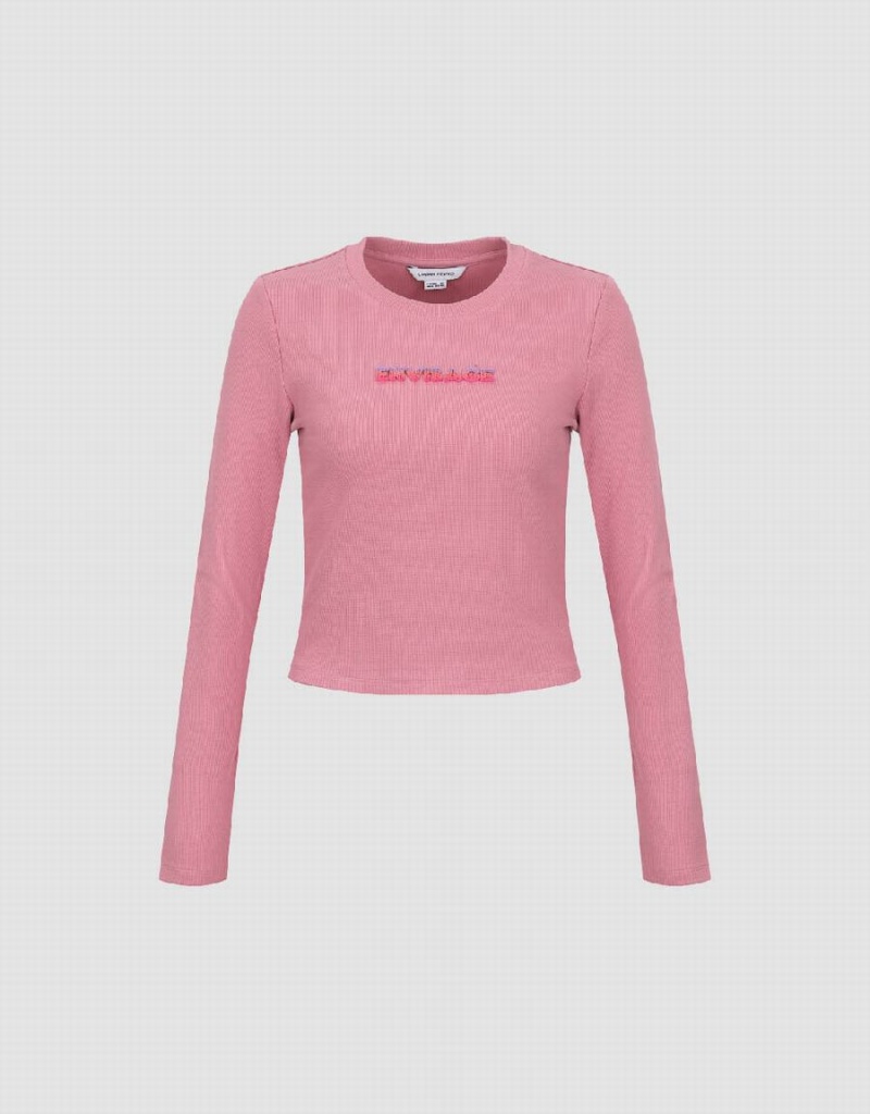 Urban Revivo Letter Embossed Crew Neck Knitted Women's T Shirts Pink | IBA4366LV