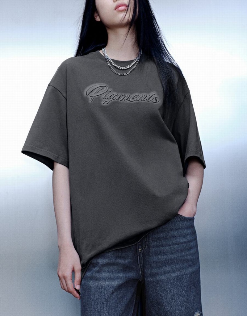 Urban Revivo Letter Embossed Crew Neck Loose Women's T Shirts Grey | BXP2981MN