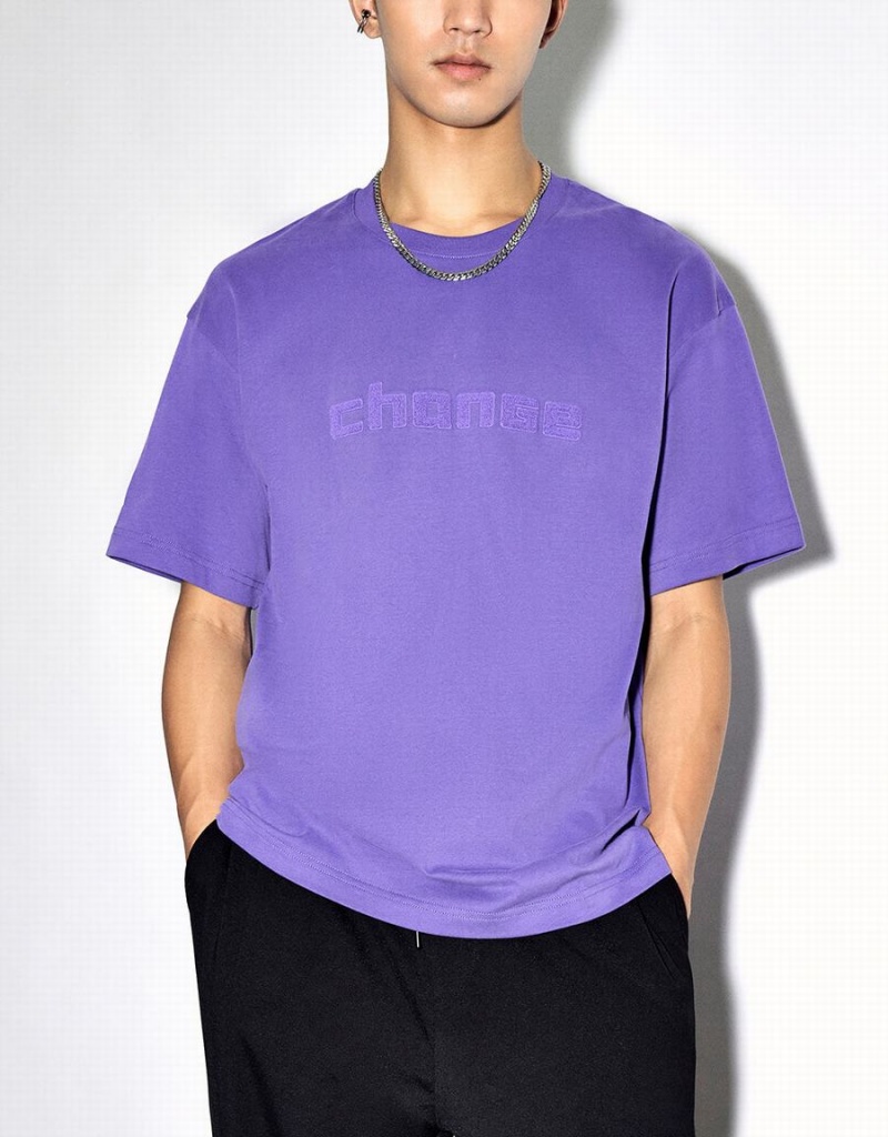 Urban Revivo Letter Embossed Crew Neck Men's T Shirts Purple | VIR9022UK