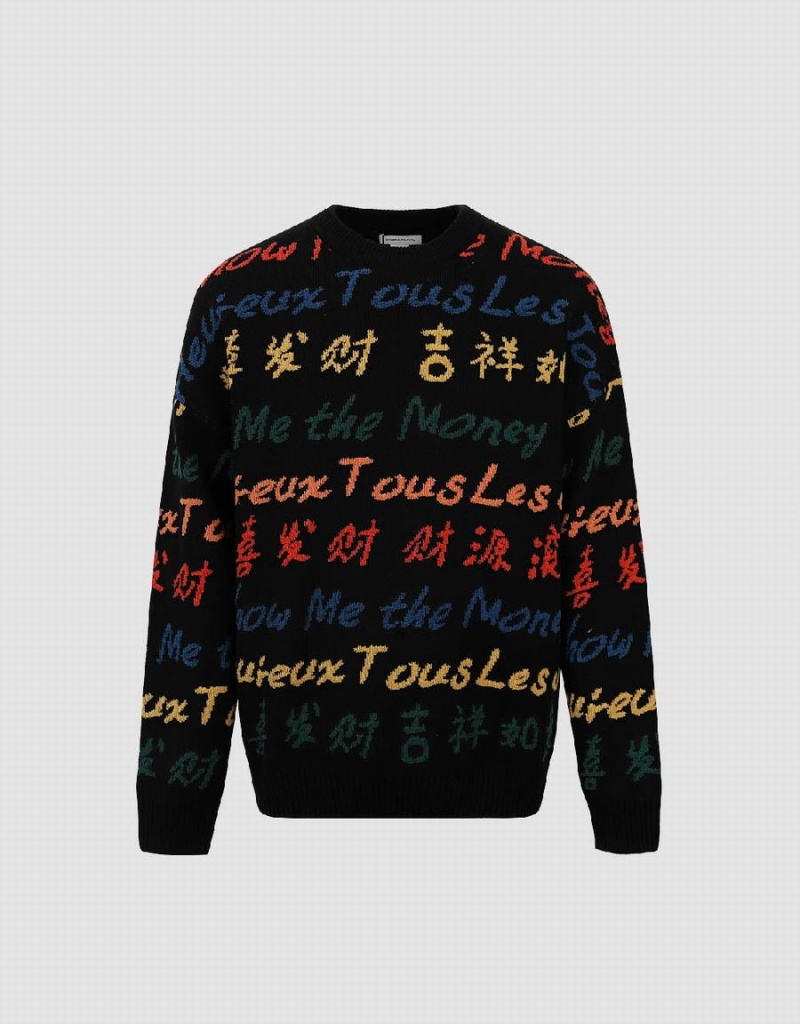 Urban Revivo Letter Embroidered Crew Neck Men's Sweaters Black | KKO6825MW