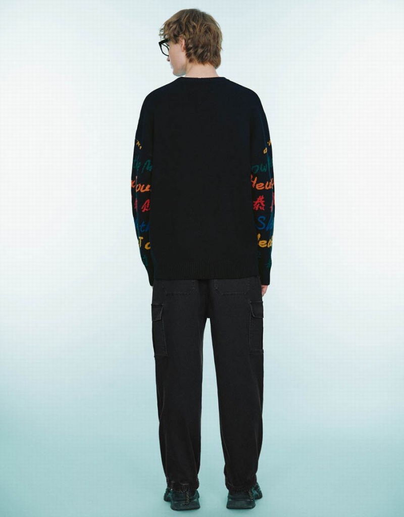 Urban Revivo Letter Embroidered Crew Neck Men's Sweaters Black | KKO6825MW