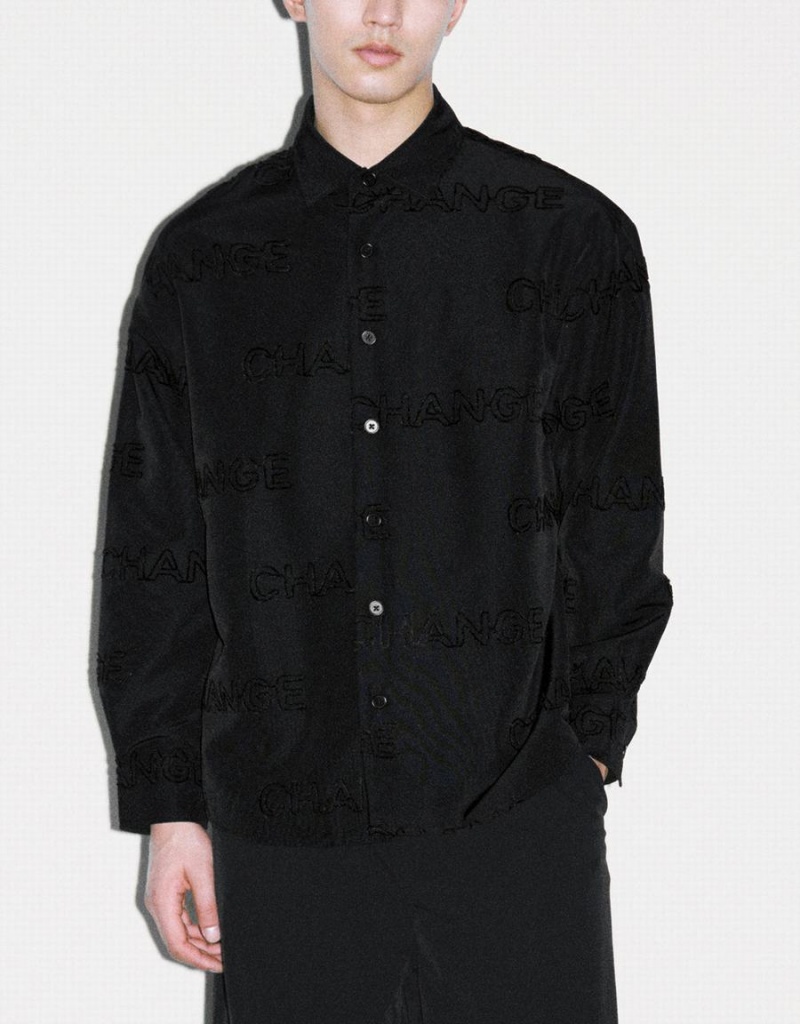 Urban Revivo Letter Printed Button Up Oversized Men's Shirts Black | PDO1837SE