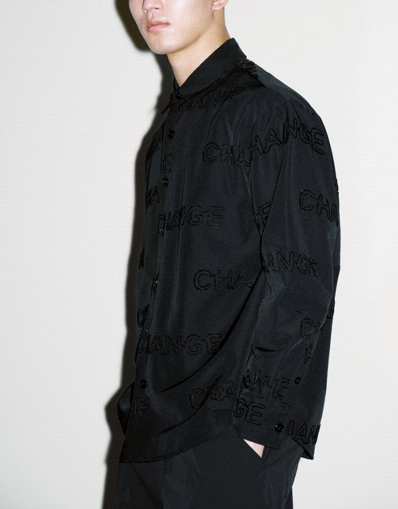 Urban Revivo Letter Printed Button Up Oversized Men's Shirts Black | PDO1837SE