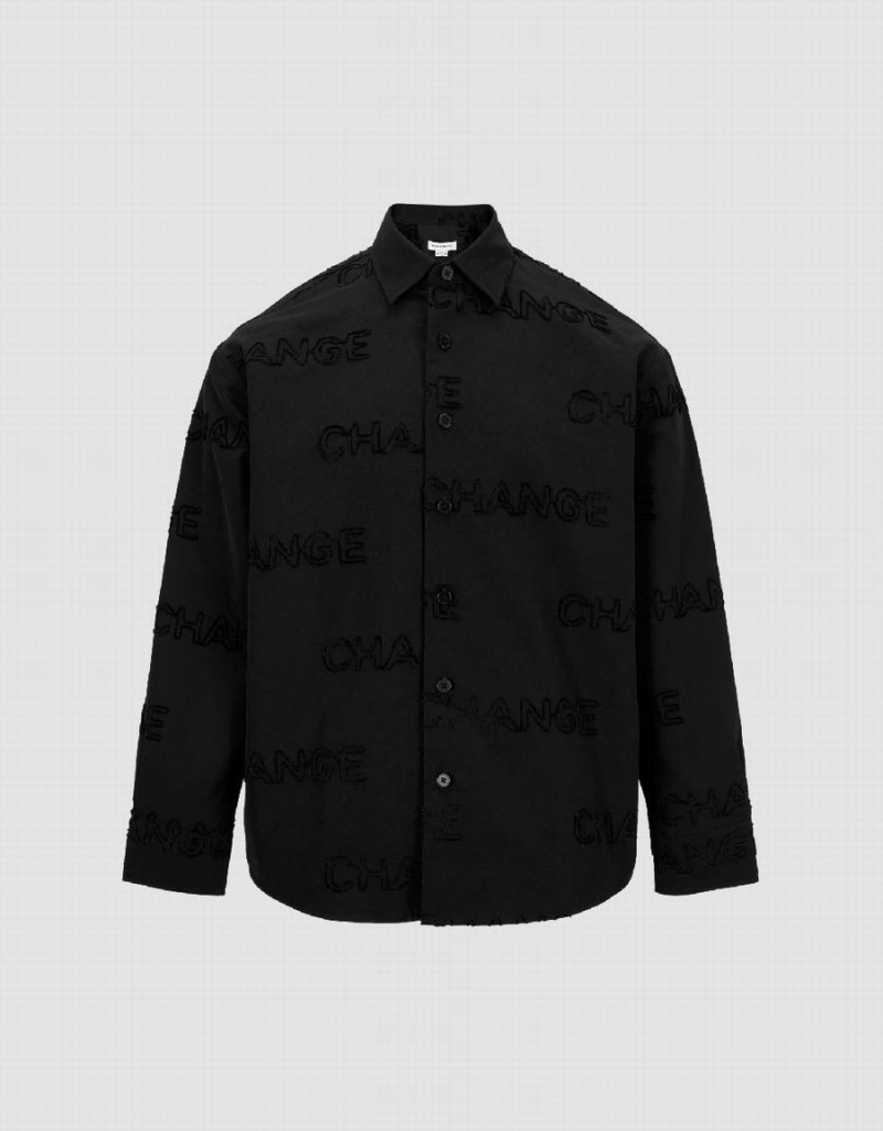 Urban Revivo Letter Printed Button Up Oversized Men\'s Shirts Black | PDO1837SE