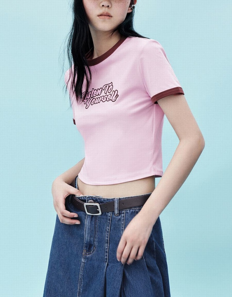 Urban Revivo Letter Printed Crew Neck Regular Women's T Shirts Pink | YDL913JC