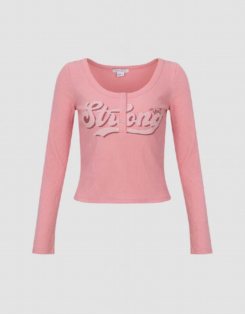 Urban Revivo Letter Printed Crew Neck Skinny Women's T Shirts Pink | IDE2850RK