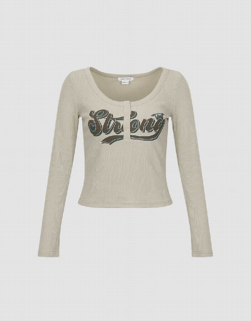 Urban Revivo Letter Printed Crew Neck Skinny Women's T Shirts Khaki | RCV4992MW