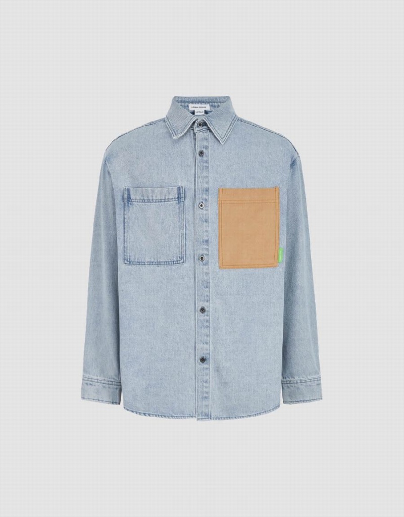 Urban Revivo Loose Denim Men's Shirts Blue | NFF9037DN