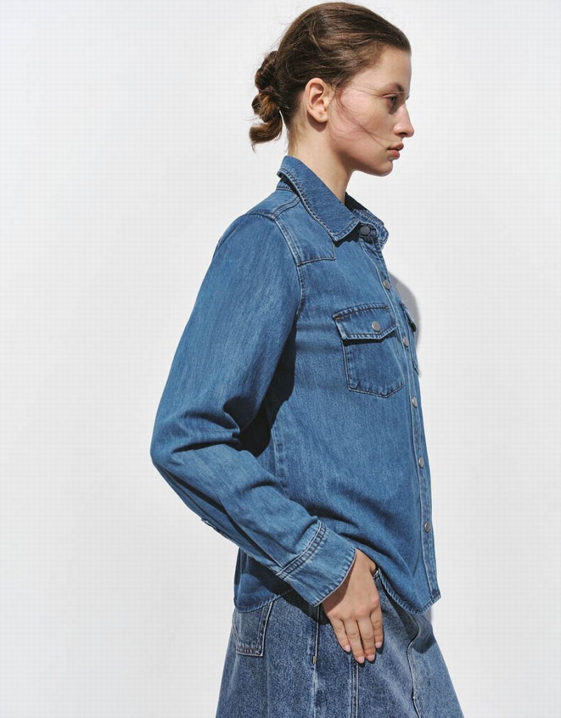 Urban Revivo Loose Denim With Pressed Buttons Women's Shirts Blue | NSI1357GT