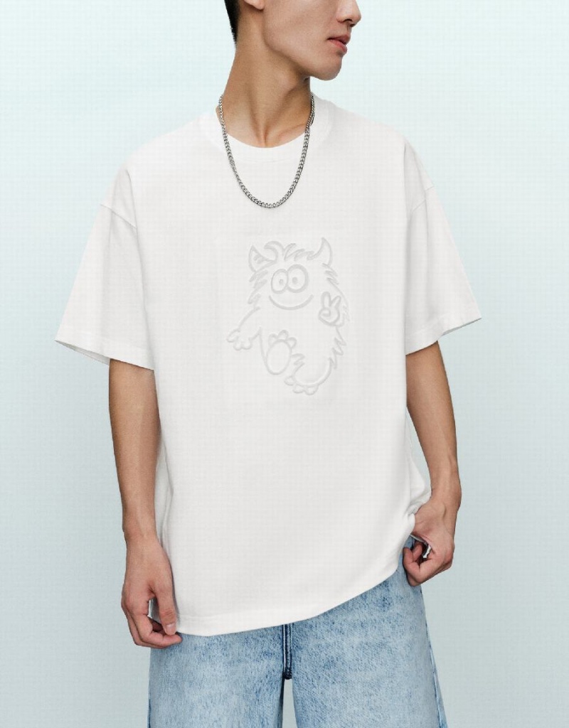 Urban Revivo Monster Printed Crew Neck Men's T Shirts White | GAG6341LX