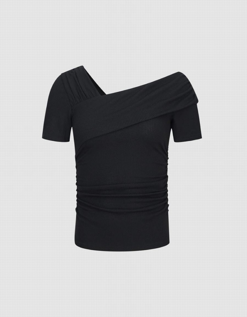 Urban Revivo One Shoulder Skinny Women's T Shirts Black | ZBJ4440VK