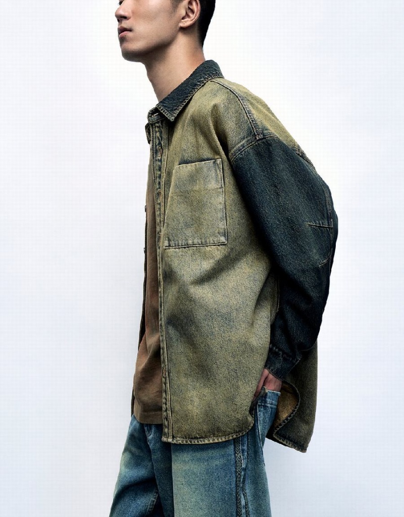 Urban Revivo Oversized Denim Men's Shirts Blue | NHD2079XN