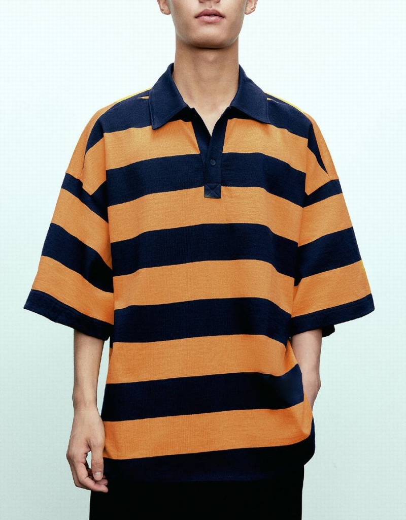 Urban Revivo Oversized Striped Men's Polo Shirts Orange | FOY3037QZ