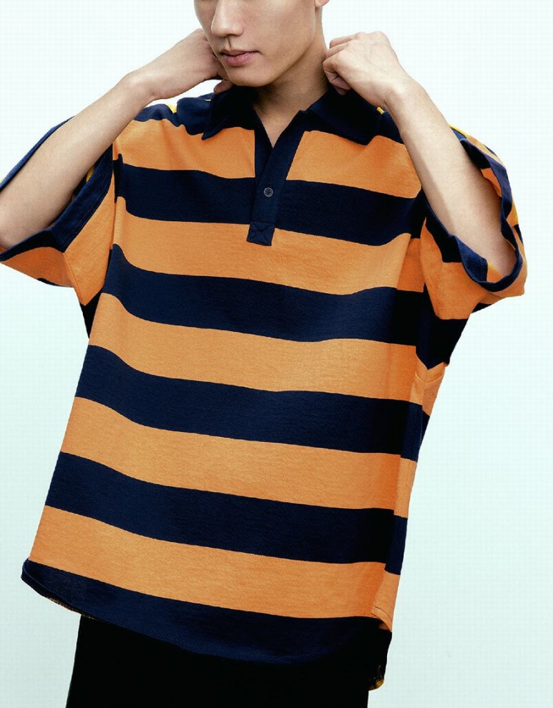 Urban Revivo Oversized Striped Men's Polo Shirts Orange | FOY3037QZ