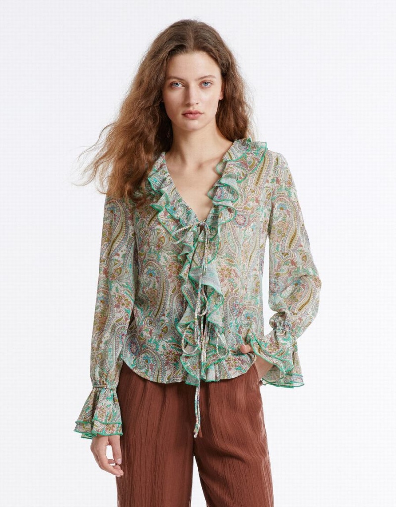 Urban Revivo Paisley Print Ruffled Women's Shirts Green | APK9477XZ