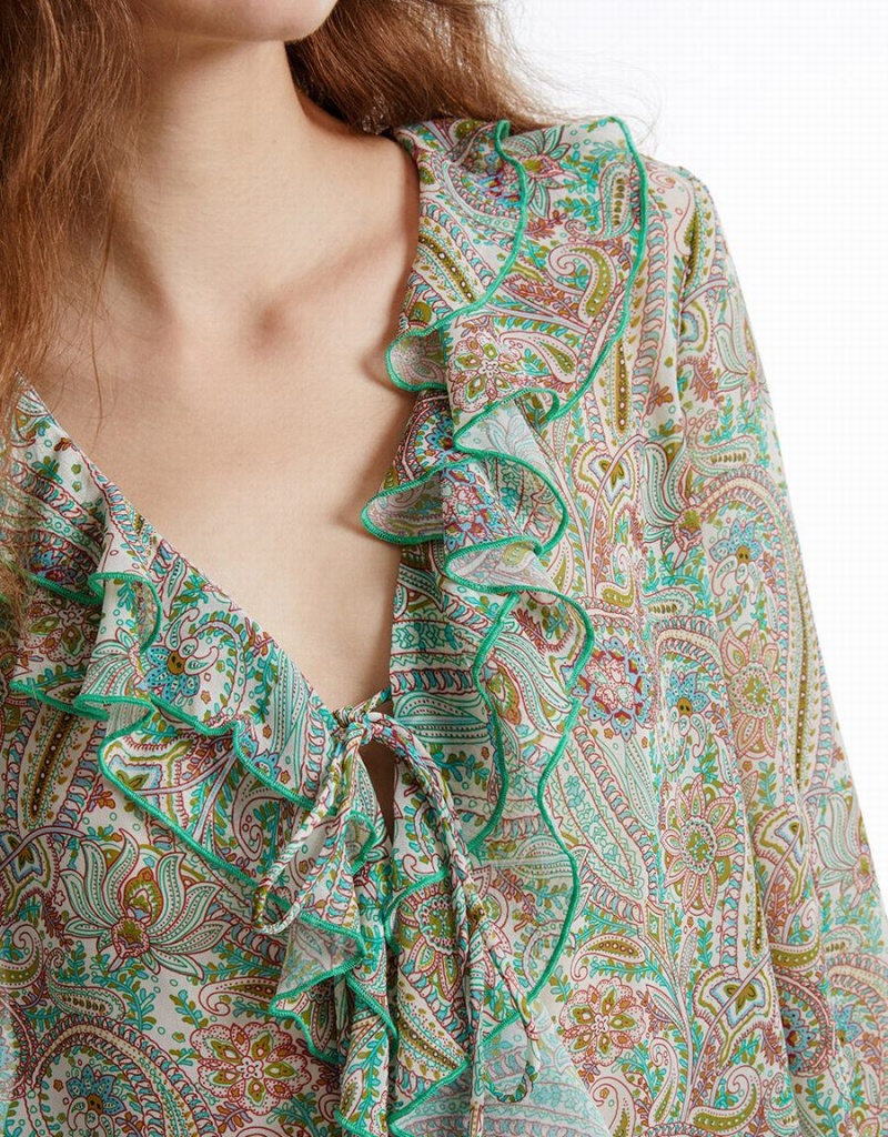 Urban Revivo Paisley Print Ruffled Women's Shirts Green | APK9477XZ