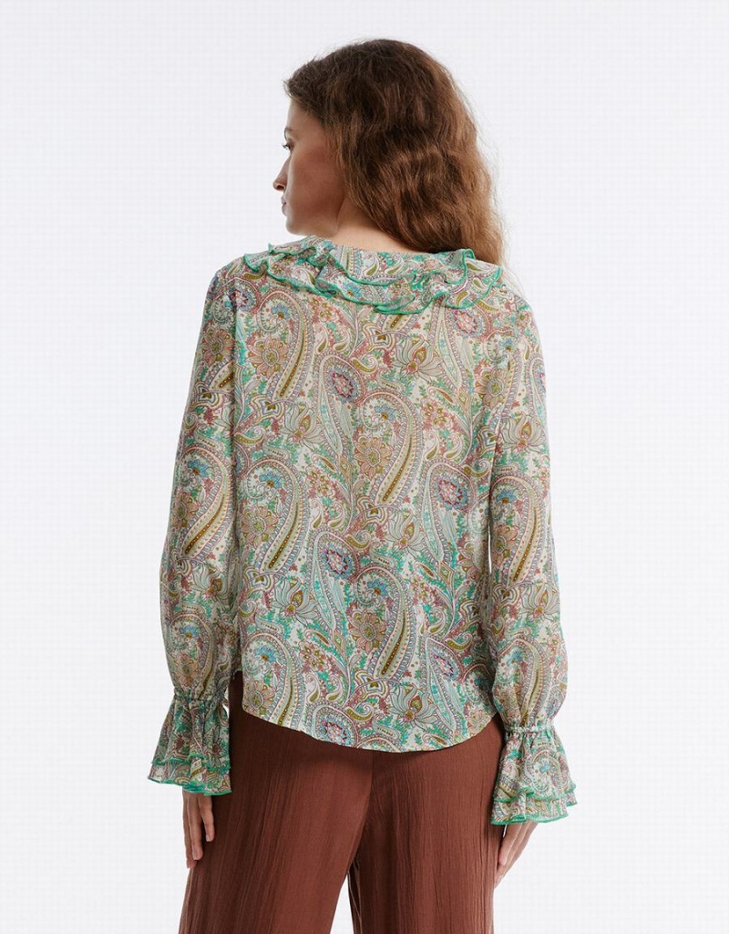 Urban Revivo Paisley Print Ruffled Women's Shirts Green | APK9477XZ