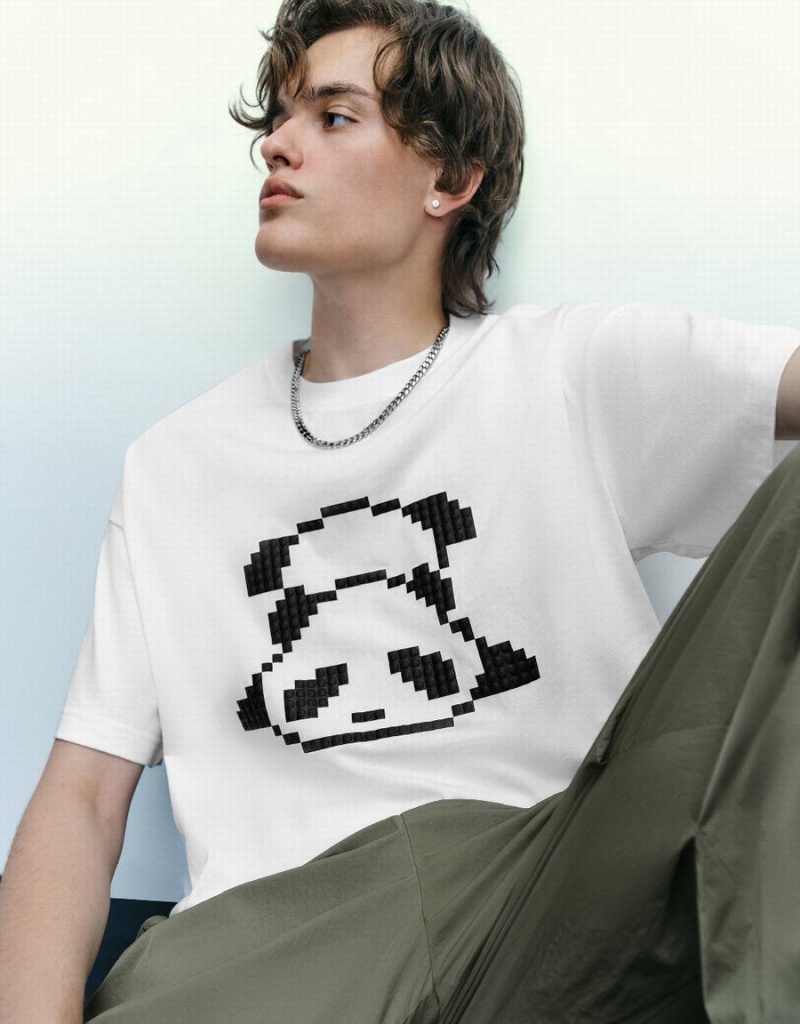 Urban Revivo Panda Printed Crew Neck Men's T Shirts White | SVL4318ZO