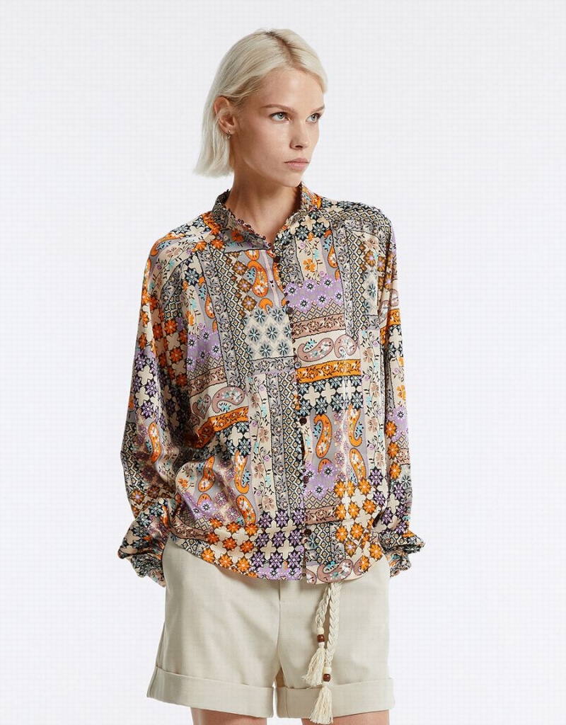 Urban Revivo Patchwork Print Satin Women's Shirts Multicolor | MON5850SN