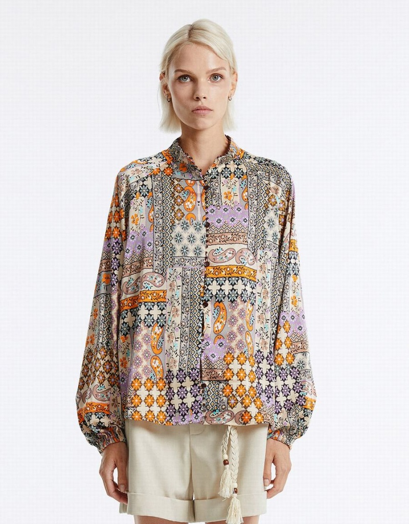 Urban Revivo Patchwork Print Satin Women's Shirts Multicolor | MON5850SN