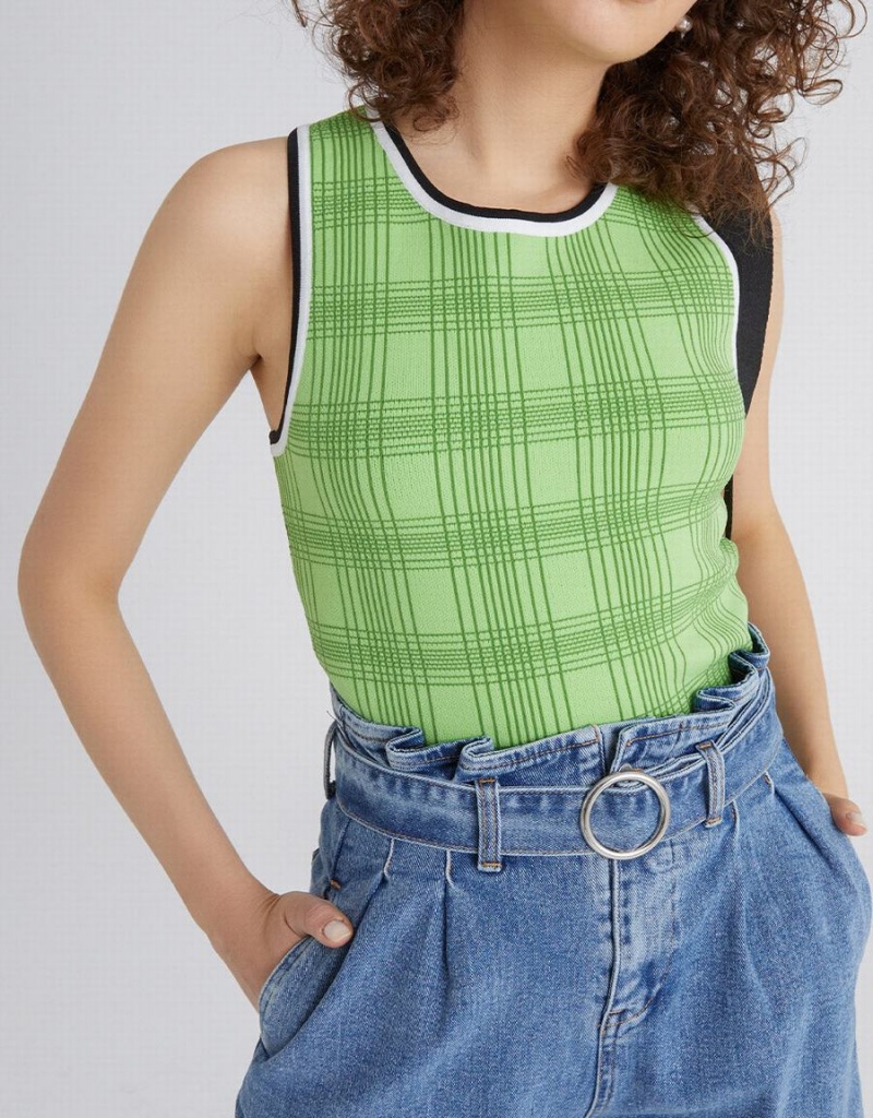 Urban Revivo Plaid Jacquard Knitted Women's Tank Top Green | QVP6169JK