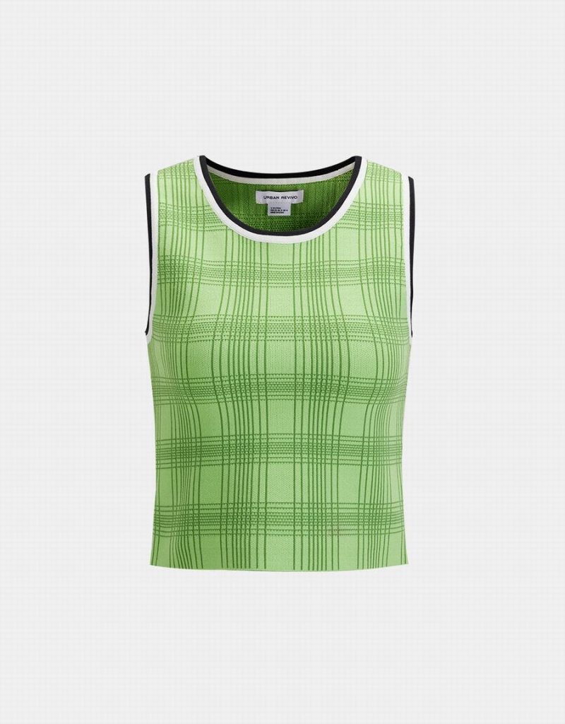 Urban Revivo Plaid Jacquard Knitted Women\'s Tank Top Green | QVP6169JK