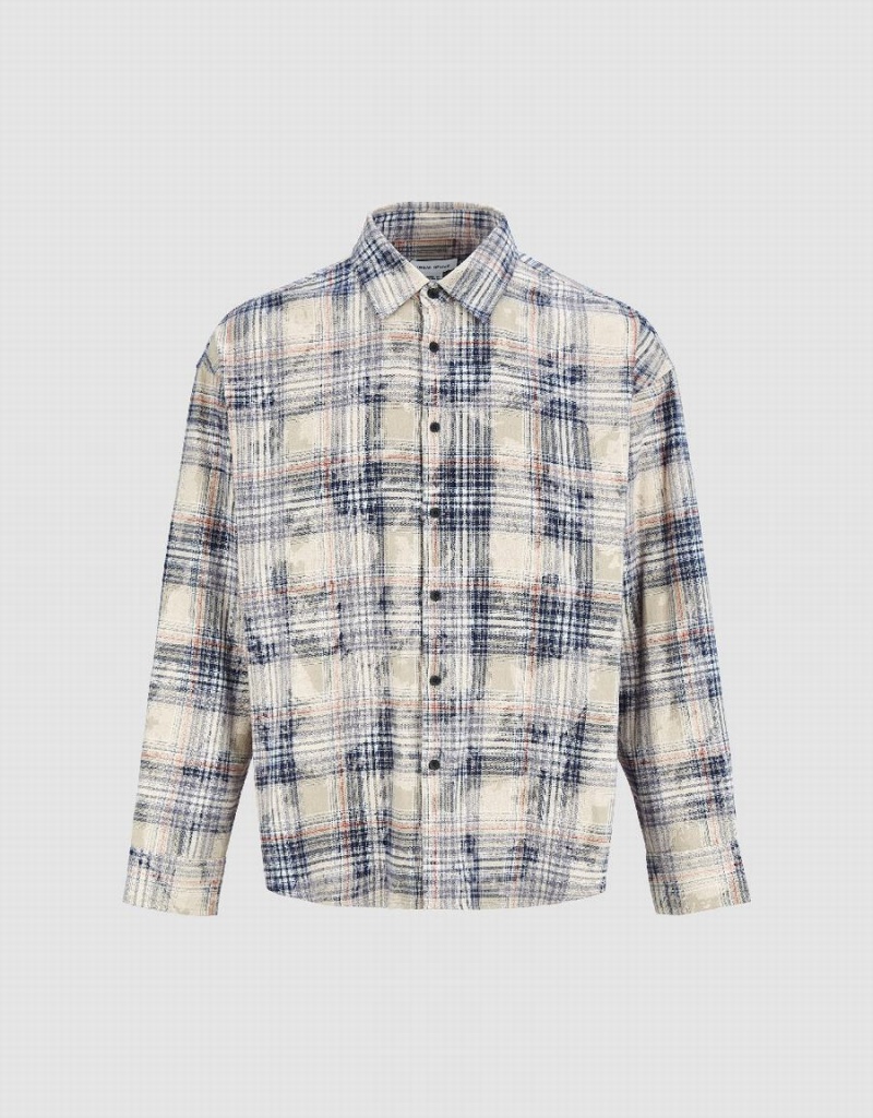 Urban Revivo Plaid Oversized Men's Shirts Khaki | HZO4343ZY