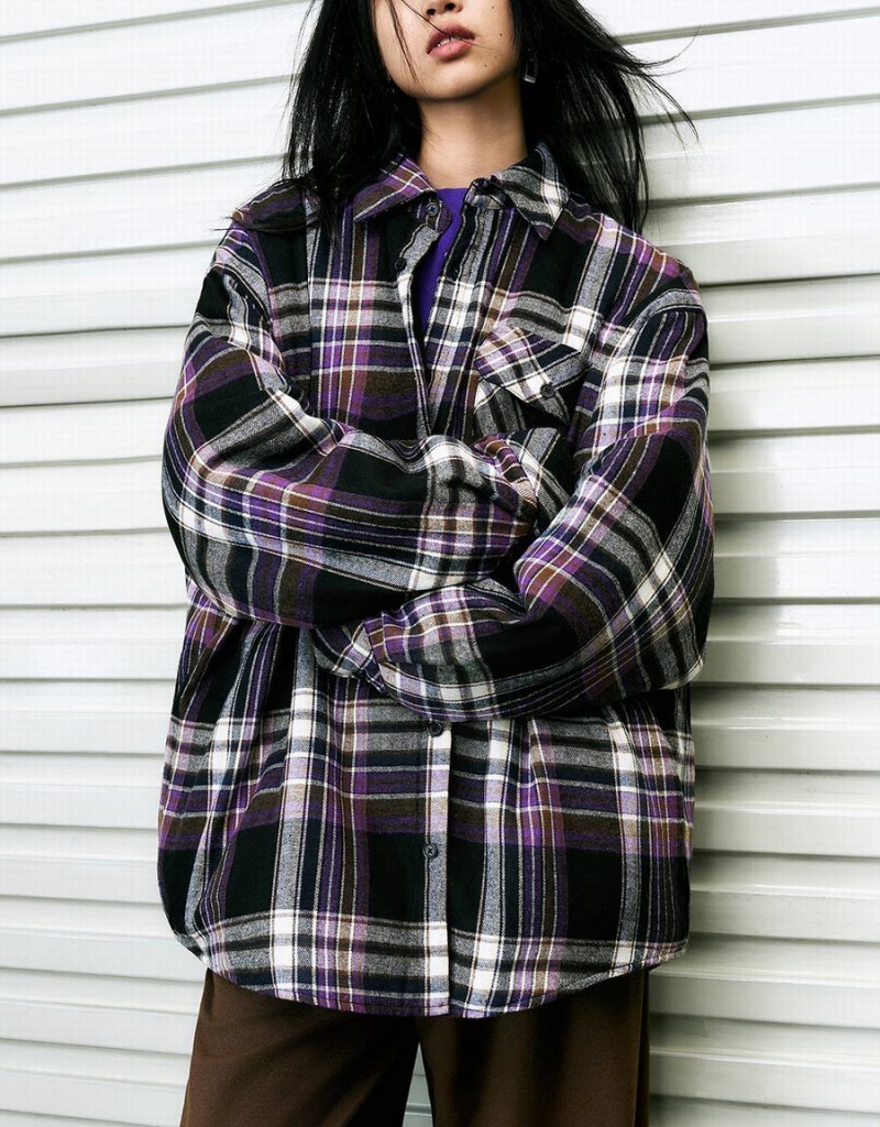 Urban Revivo Plaid Straight Women's Shirts Purple | NPN533WX