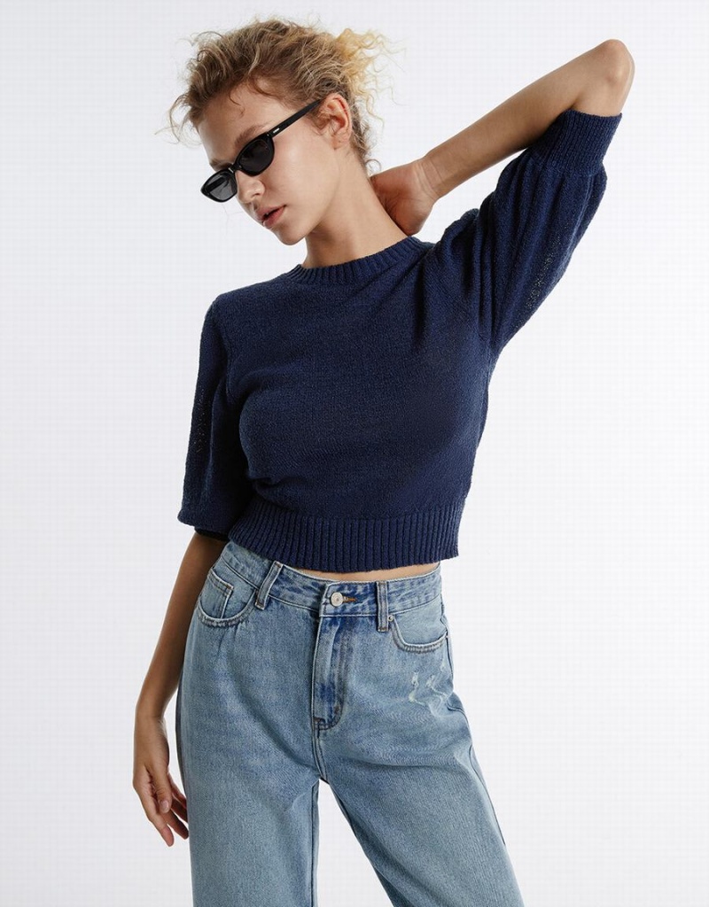 Urban Revivo Plain Cropped Women's Sweaters Blue | QVS7683EF