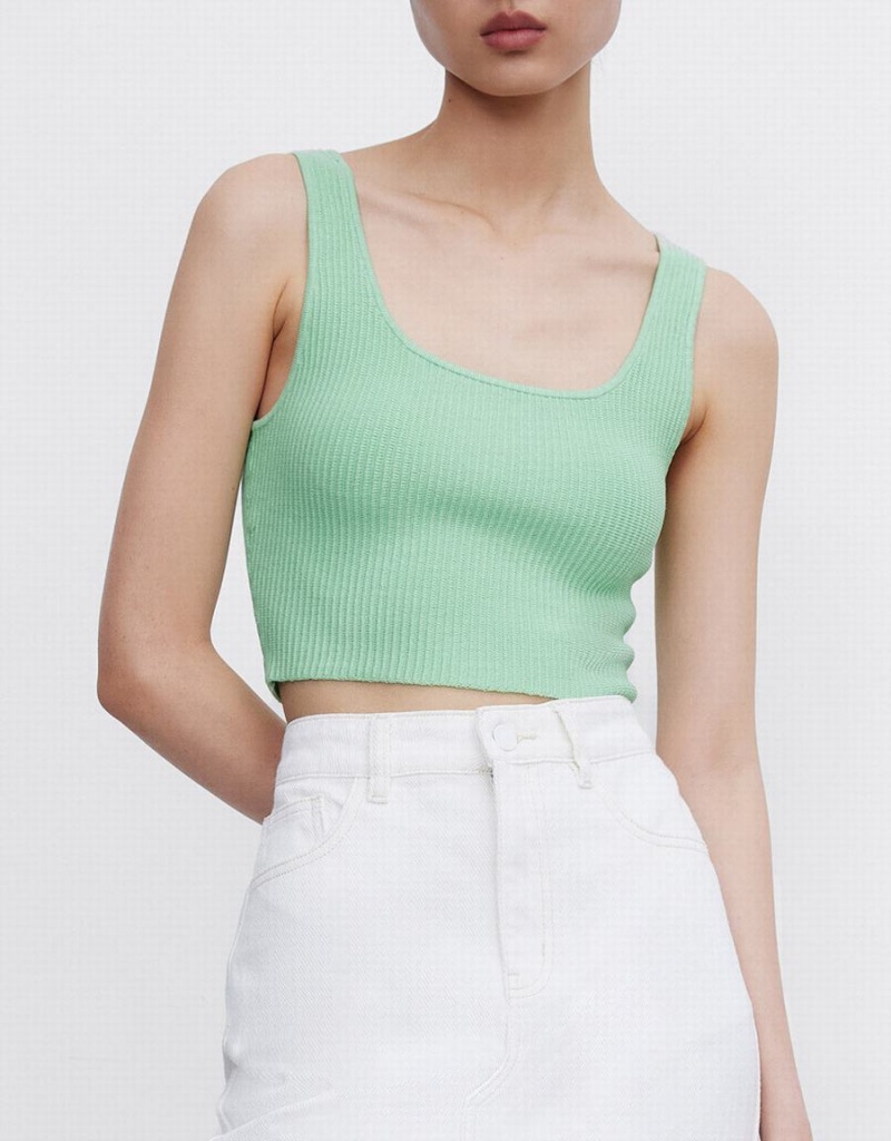 Urban Revivo Plain Ribbed Knit Women's Tank Top Green | UJK10031ZA