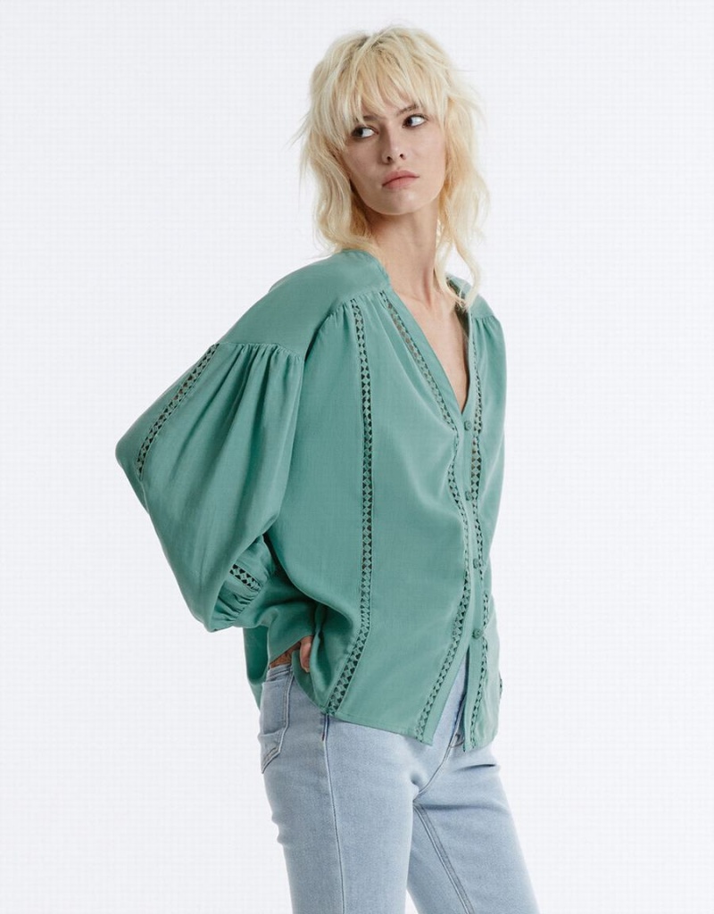 Urban Revivo Pointelle Buttoned Women's Shirts Green | PTO1384QR