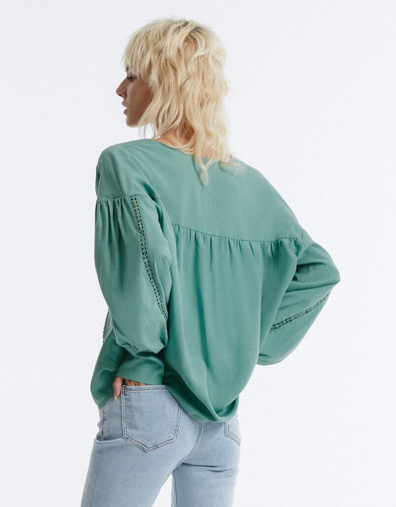 Urban Revivo Pointelle Buttoned Women's Shirts Green | PTO1384QR