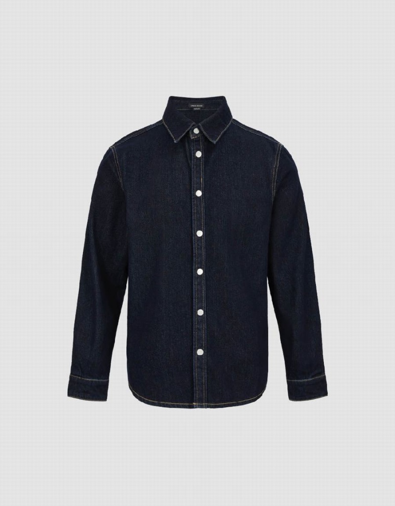 Urban Revivo Press Button Denim Men's Shirts Blue | OKF8156HW