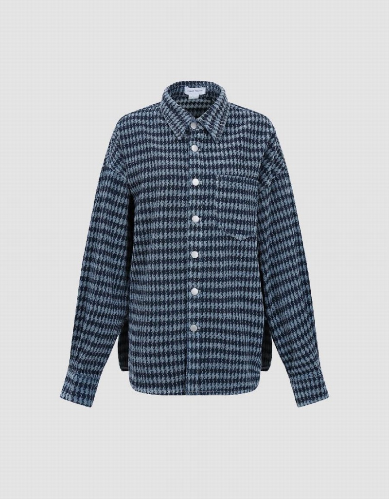 Urban Revivo Press Buttoned Checkered Denim Women's Shirts Blue | KBC435EC