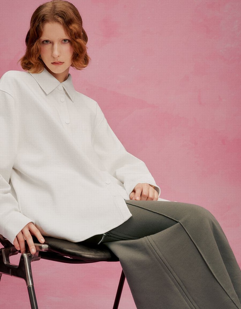 Urban Revivo Press Buttoned Oversized Women's Shirts White | QNQ8348CP