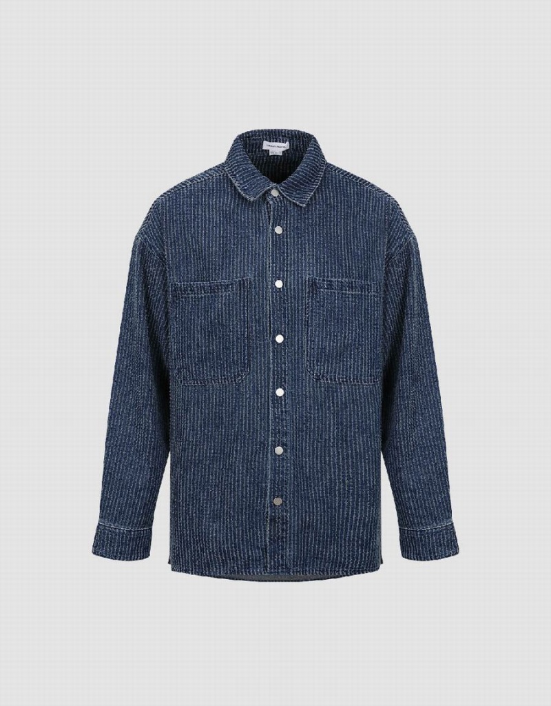 Urban Revivo Pressed Button Denim Men's Shirts Blue | FOR2799YU