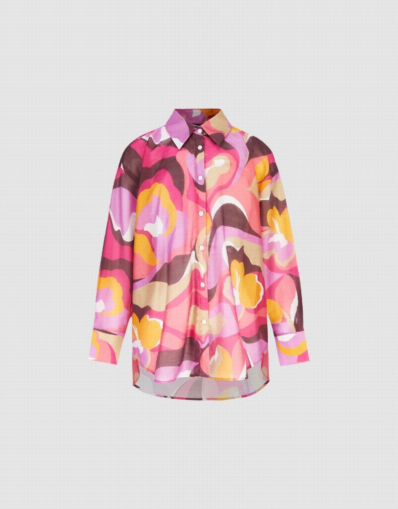 Urban Revivo Printed Button Up Lapel Women's Shirts Pink Multicolor | EAW9851VN