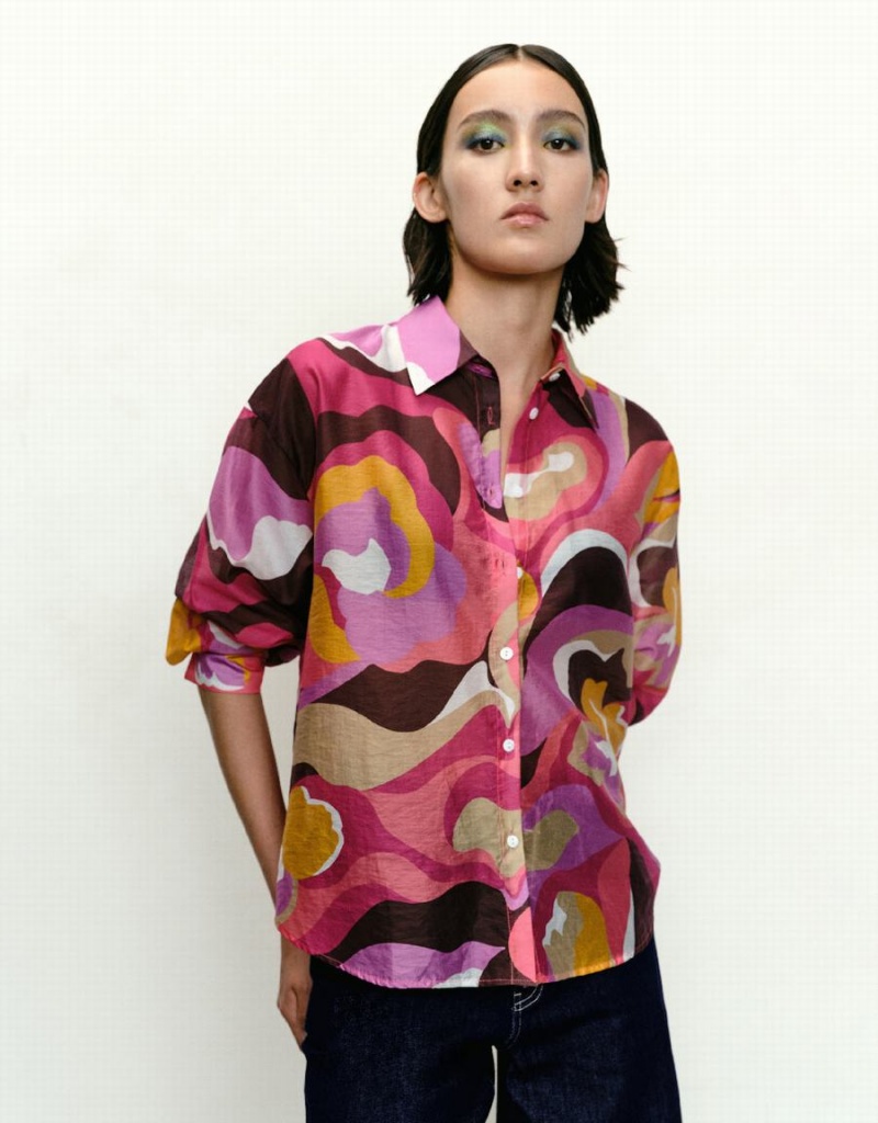 Urban Revivo Printed Button Up Lapel Women's Shirts Pink Multicolor | EAW9851VN