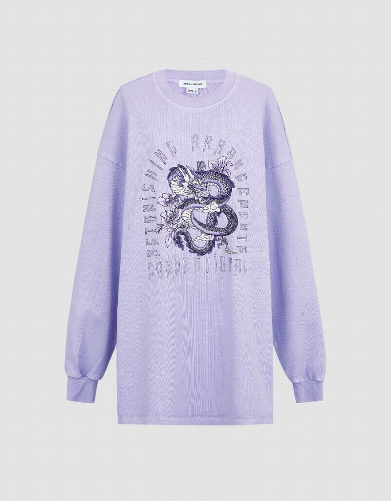 Urban Revivo Printed Crew Neck Loose Women's T Shirts Purple | TVS9984XW