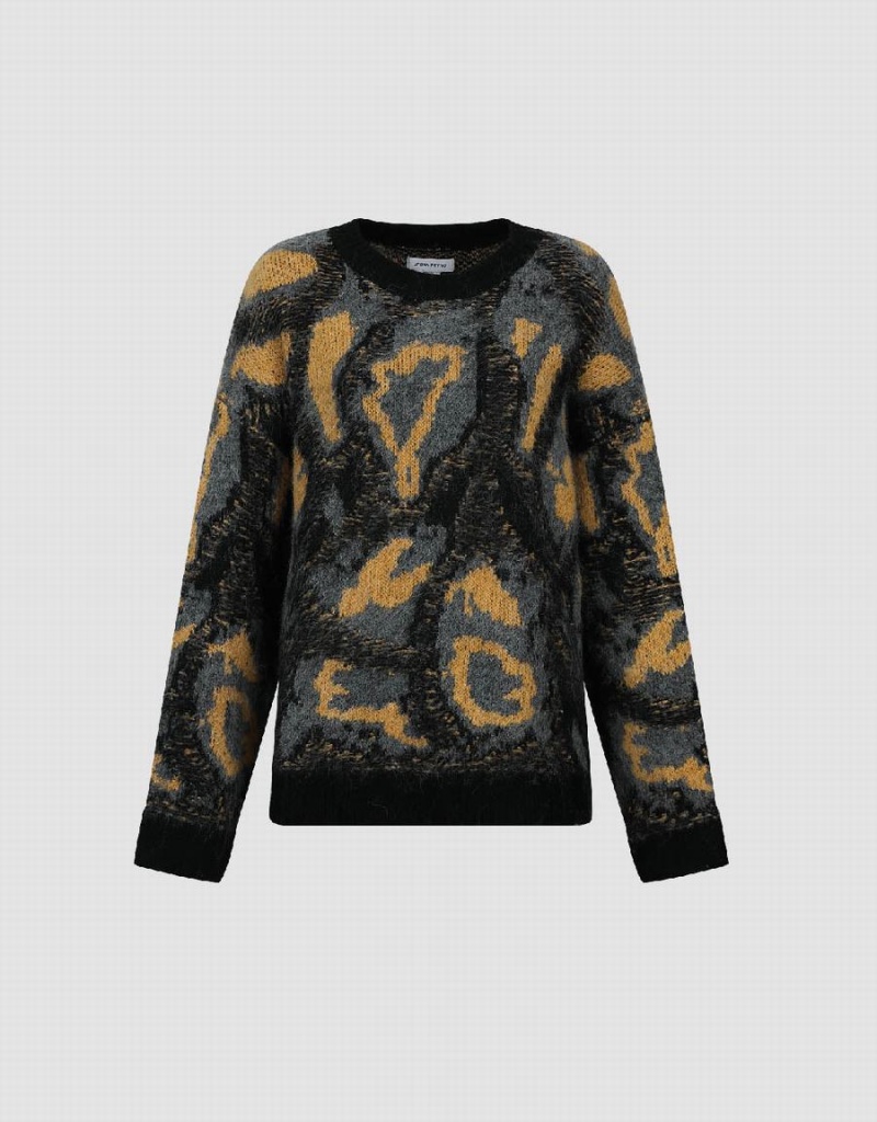 Urban Revivo Printed Crew Neck Loose Women's Sweaters Black Gold | MXQ8092WF