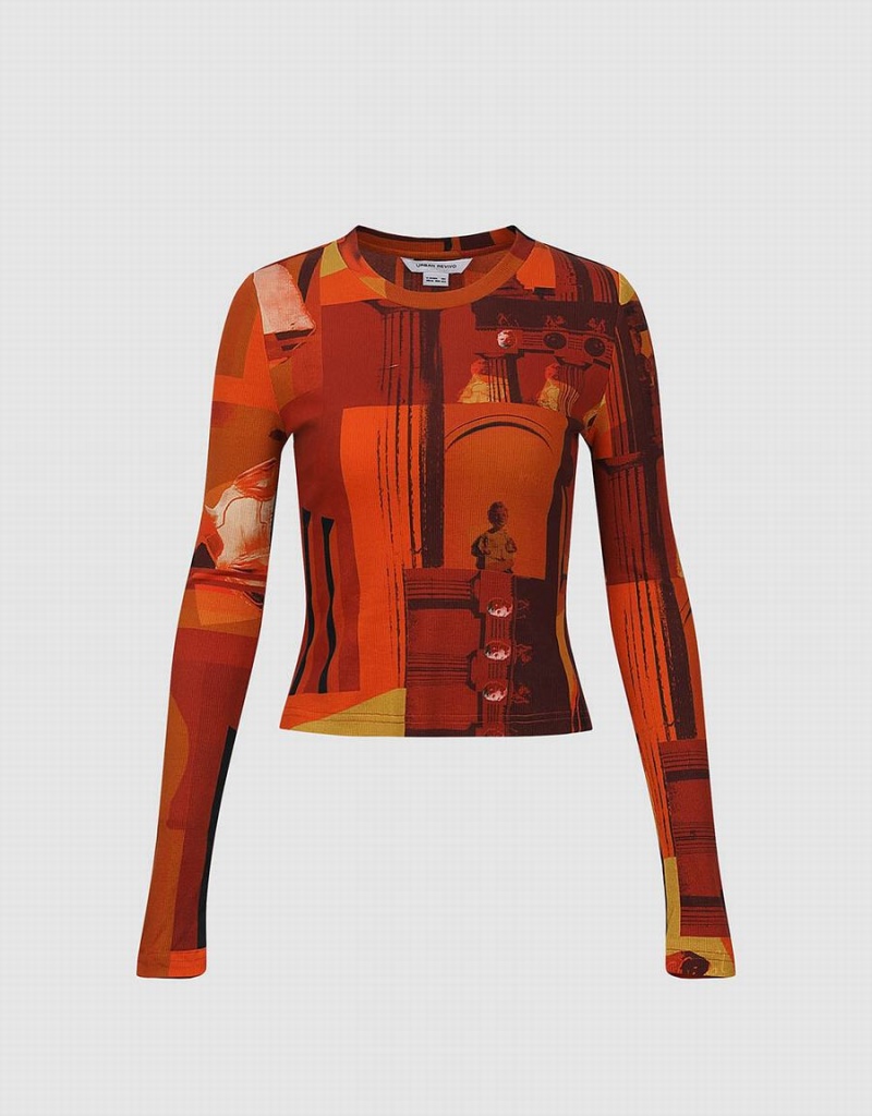 Urban Revivo Printed Crew Neck Skinny Women's Sweatshirts Orange | OKZ46YQ