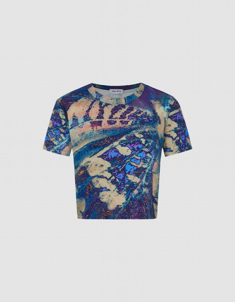 Urban Revivo Printed Crew Neck Women's T Shirts Blue Multicolor | IRO8116FF